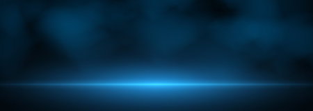 Dark blue 3d empty studio room wide background with with fog or clouds to display your products. Realistic vector illustrationのイラスト素材