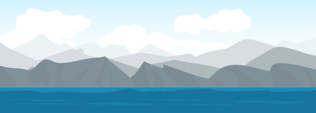Realistic vector mountains landscape, blue water and sky with clouds on wide background. Vector illustration banner graphic design with mountains silhouettes.のイラスト素材
