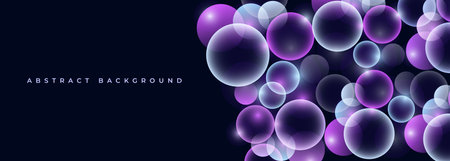 Black dynamic abstract background with 3D purple circles. Wide horizontal banner with liquid violet...
