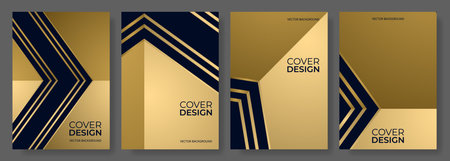 Black and gold 3D abstract modern vertical posters vector set. A4 resolution geometric background elegant cover design for brochure, book, flyer, poster, background banner, annual report presentation.のイラスト素材