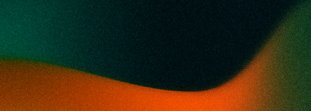 Abstract color gradient grainy background. Dark green and orange wide banner with grunge noise texture. Blurred soft blend rough minimalist grungy background. High quality illustrationの写真素材