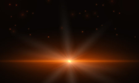 Dark abstract cosmic background with light flare and bright rays of light. Vector illustration with bright orange and yellow flashes and highlights.のイラスト素材