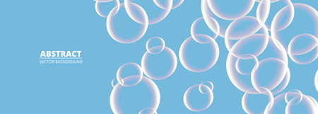 Blue wide abstract background with soap bubbles. Realistic 3d transparent bubbles on vector...