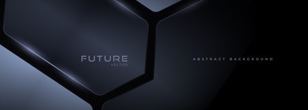 Abstract future concept dark wide technology background. Black and gray futuristic modern elegant horizontal banner with 3D geometric objects. Vector illustrationのイラスト素材