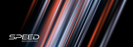 Speed illuminated traffic lanes. Black and orange modern abstract background with bright glowing movement and high-speed vibrant light effect. Vector illustrationのイラスト素材