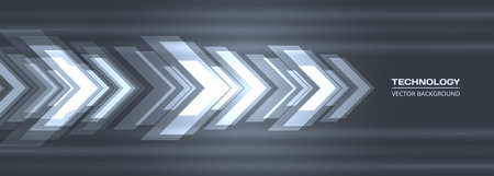 Abstract glowing arrows futuristic technology background concept high-speed movement. Dynamic motion hi tech digital arrows on dark grey wide banner backgroun. Vector illustrationのイラスト素材
