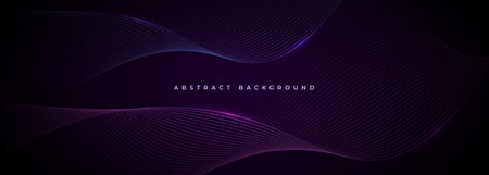Abstract dark wide banner background with glowing blue and purple wavy lines. Vector illustrationのイラスト素材