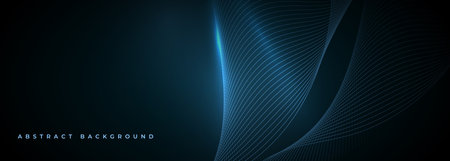 Abstract dark blue wide vector background with glowing blue wavy lines.のイラスト素材