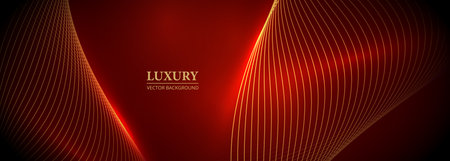 Luxury abstract red wide background with glowing golden wavy lines. Dark red and gold vector illustration banner.のイラスト素材