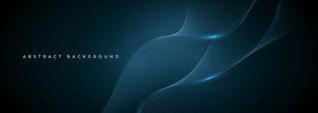Glowing blue wavy lines on abstract technology dark blue background. Digital hi-tech vector illustration with particle data waves. Futuristic digital technology wide banner.のイラスト素材