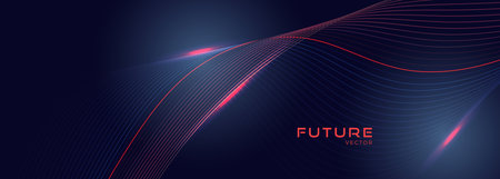 Dark blue technology background with pink and blue wavy lines. Digital hi-tech vector banner with dynamic striped waves.のイラスト素材