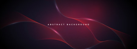 Glowing red wavy lines on abstract technology dark red background. Digital hi-tech vector illustration with particle striped wave linesのイラスト素材