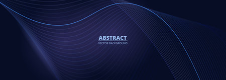 Dark blue vector wide abstract banner with glowing blue wavy lines. Elegant digital technology wide abstract background with blue dynamic waves. Vector illustrationのイラスト素材