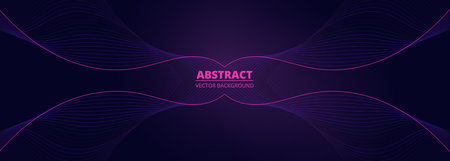 Dark violet wide vector abstract background with pink and purple wavy lines. Vector illustration banner with elegant pattern.のイラスト素材
