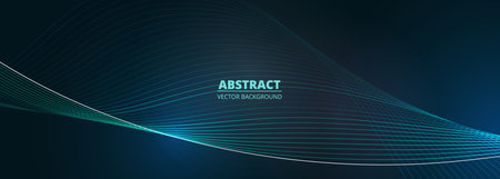 Dark blue vector wide abstract banner with glowing blue wavy lines. Elegant digital technology wide abstract background with blue dynamic waves. Vector illustrationのイラスト素材