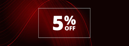 5 off sale banner. Abstract red glowing wavy lines on black wide background. 5 percent off holiday...