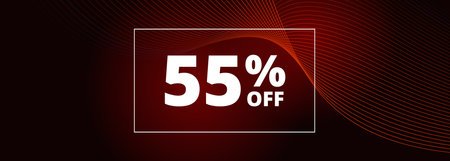 55 off sale banner. Abstract red glowing wavy lines on black wide background. 55 percent off holiday...