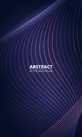 Abstract dark violet vertical vector cover background with glowing purple and pink wavy lines.のイラスト素材