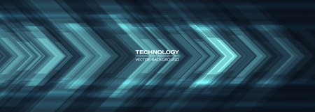 Blue technology arrows on dark futuristic abstract background. High-speed movement concept dynamic motion blue hi tech digital arrows. Technology vector illustration for banner or poster design.のイラスト素材