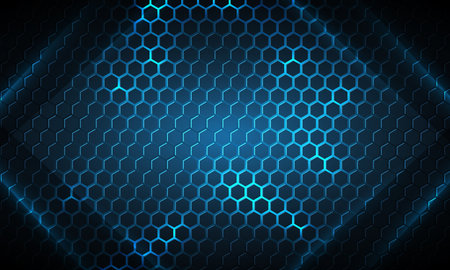 Hexagon gaming technology vector dark blue abstract background with bright glowing energy flashes....