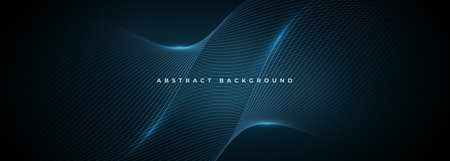 Abstract dark blue wide vector background with glowing blue wavy lines.のイラスト素材