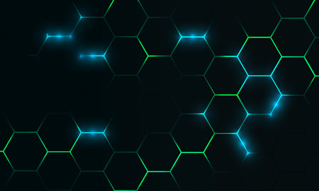 Dark hexagon abstract technology background with blue and green colored bright flashes under...