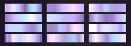 Holographic gradient background set. Shiny iridescent metal hologram foil texture gradation collection. Vector illustrationのイラスト素材
