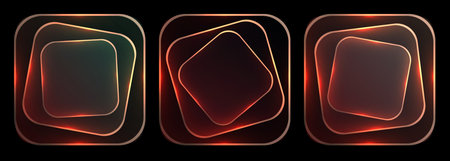 Neon glowing rounded square frames abstract background with three floating luminous shapes, warm...