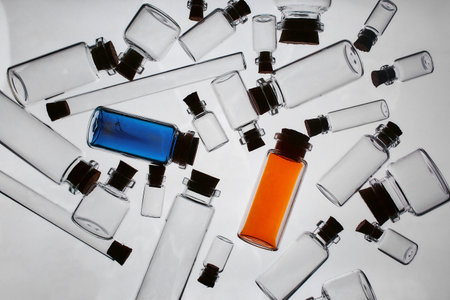Full glass bottles among emptyの写真素材