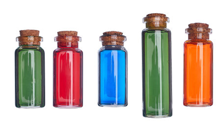 Many filled glass bottles on isolated backgroundの写真素材