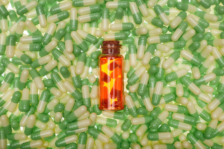 One color semi-transparent bottle with filling and with capsule around itの写真素材