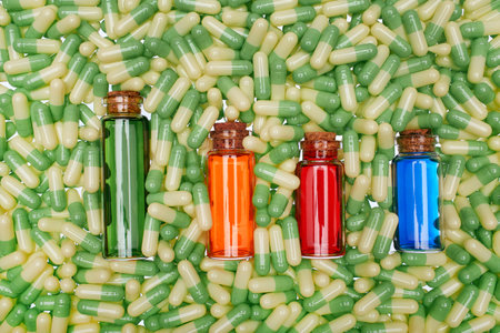 Four color semi-transparent bottles with capsules around theyの写真素材