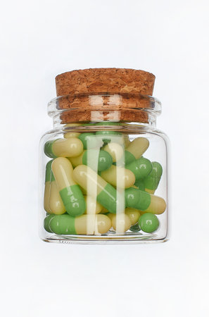 One semi-transparent bottle with  with capsulesの写真素材