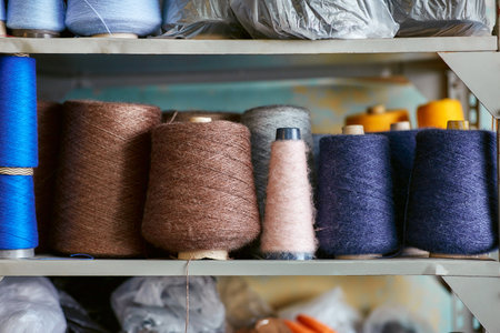 Bobbins with knitted threads stand in a row on the rackの写真素材