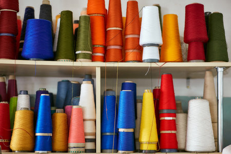 Many bobbins with knitting threads stand in a row on a rackの写真素材