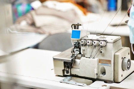 White sewing machine with threads nearby without workersの写真素材
