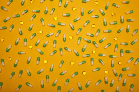 Filled background of green-yellow capsules which are located separately from each otherの写真素材
