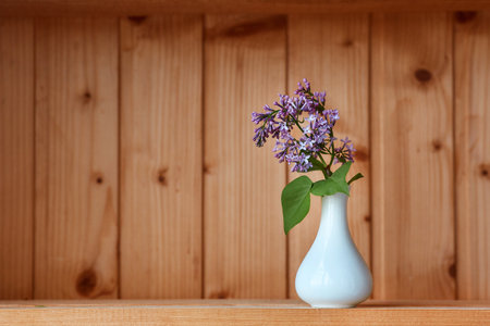 One vase with flowers at wooden background from side viewの写真素材
