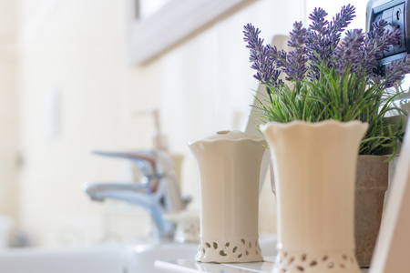 lavender decoration in light bathroomの写真素材