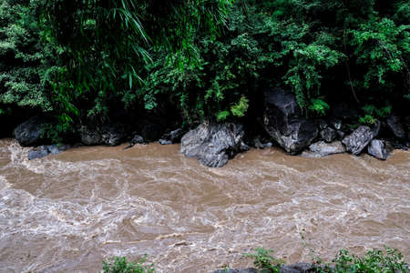 Natural scenery of  river Flow green forest with mountain