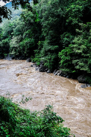 Natural scenery of  river Flow green forest with mountainの写真素材