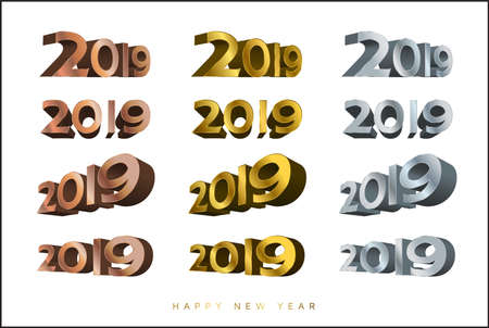 Happy New Year 2019 number design.Perspective  vector illustration with golden silver and bronze colorsのイラスト素材