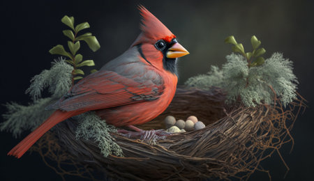 Red cardinal bird sitting in a nest with eggs, 3d illustrationの素材