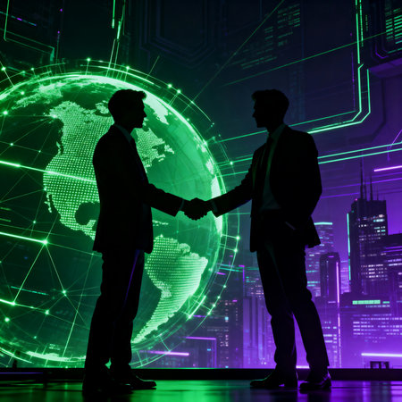 Silhouette of business people shaking hands in abstract technology background.の素材