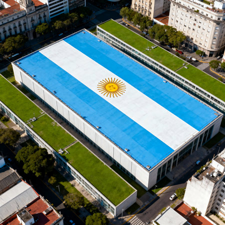 Aerial view of a large warehouse with the national flag of Argentinaの素材