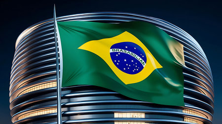 3D rendering of the national flag of Brazil on a skyscraper at nightの素材