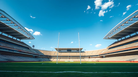 Empty football stadium with green grass and blue sky in the background.の素材