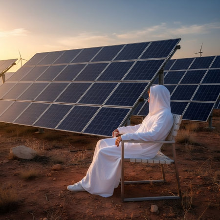 Young muslim man sitting on sun lounger in front of solar panels.の素材