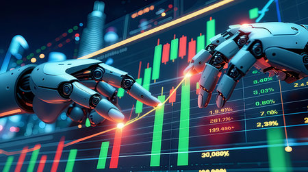 3d rendering robot hand with stock market chart on dark background.の素材