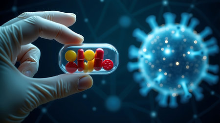 Doctor hand holding pill capsule against blue virus background 3D rendering.の素材